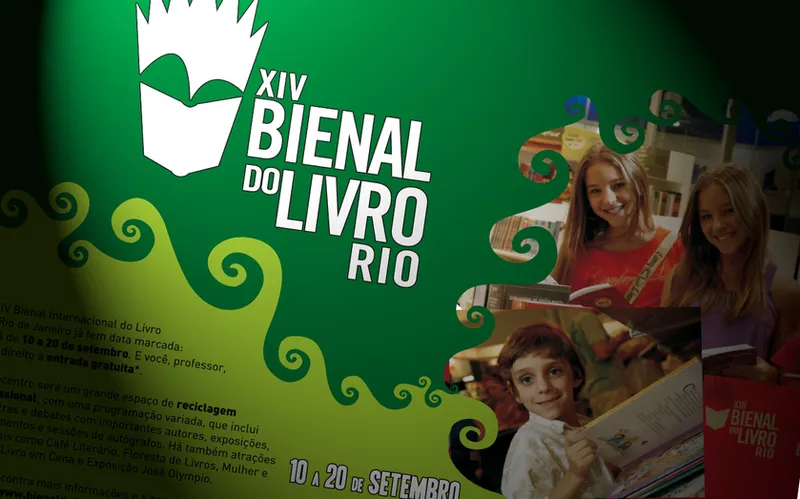 Green piece for the 14th Rio Book Biennial with spiral graphics and a boy holding a book.