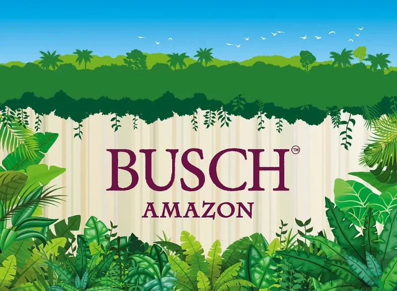 Busch Amazon logo in burgundy on a cream background, framed by an illustrated rainforest and blue sky.