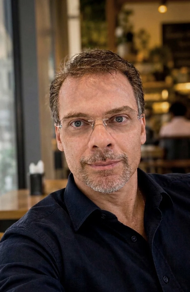 Portrait of Claudio Ventura, wearing glasses and a dark shirt, seated in a café.