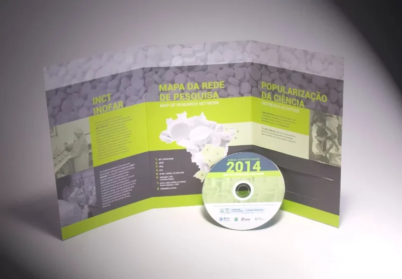 INCT Inofar report brochure opened in three panels, in grey and lime green, with the CD in front.