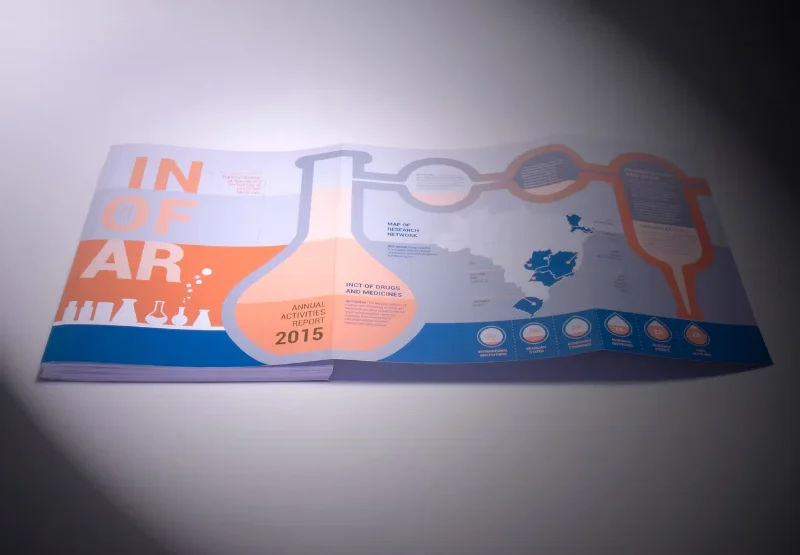 Open INCT Inofar annual report, with an orange and blue cover, a laboratory flask and a map of the research network.