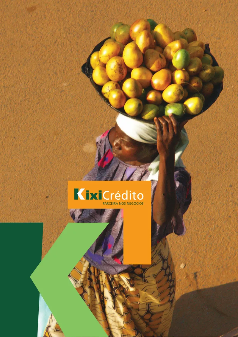 KixiCrédito piece showing a woman carrying fruit on her head, with the brand in green and orange.