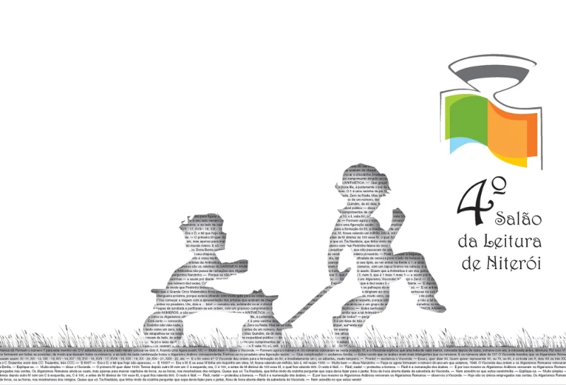 Piece for the 4th Niterói Reading Fair: silhouettes of two boys made of text playing on a seesaw in the grass, with the open-book logo in green, orange and blue.