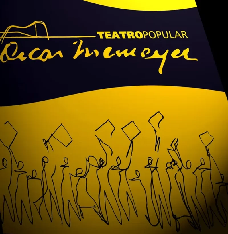 Teatro Popular Oscar Niemeyer poster in navy blue and yellow, with a crowd drawn in line.