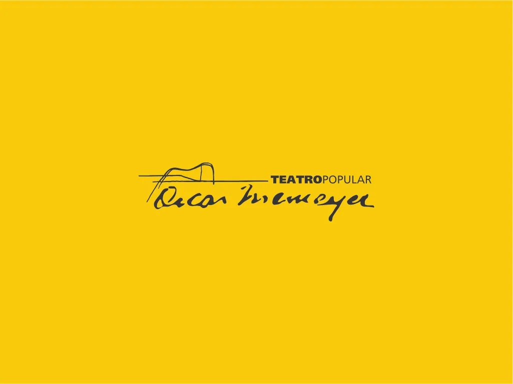 Teatro Popular Oscar Niemeyer logo on a yellow background.